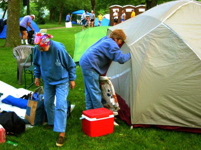 Mom and crew-chief Rosemary setting up the tent